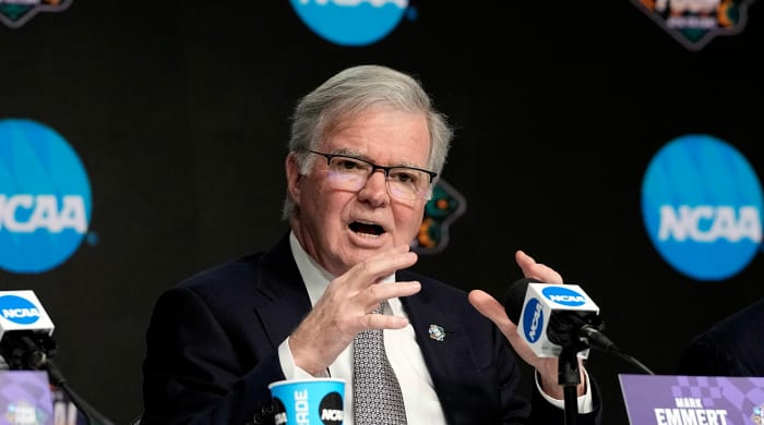 NCAA president Mark Emmert answers a question during a news conference at the men’s Final Four NCAA college basketball tournament Thursday, March 31, 2022, in New Orleans.